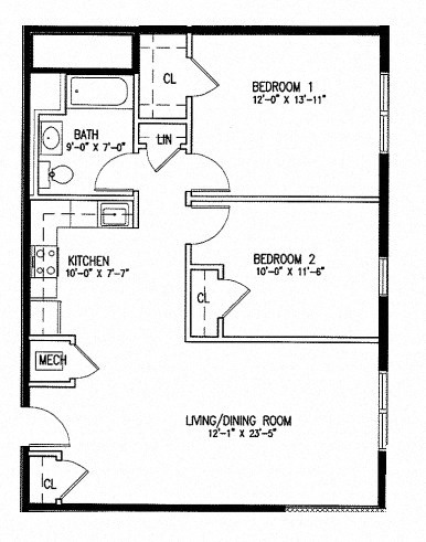 Floor plan for 2 beds, 1 bath, 950 sqft